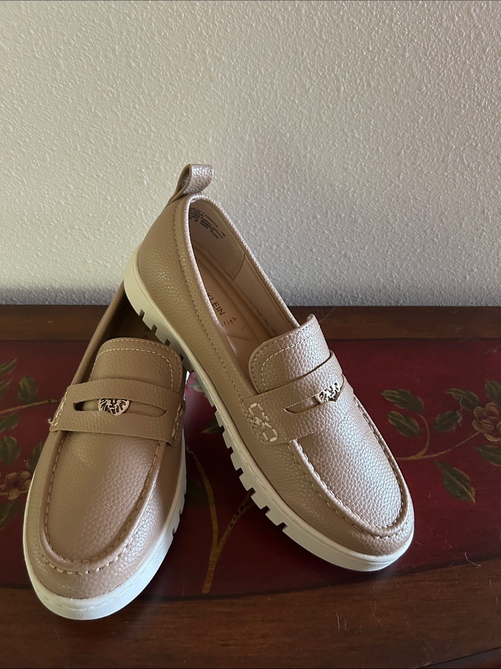 Anne Klein Taupe Textured Penny Loafers with White Lug Sole